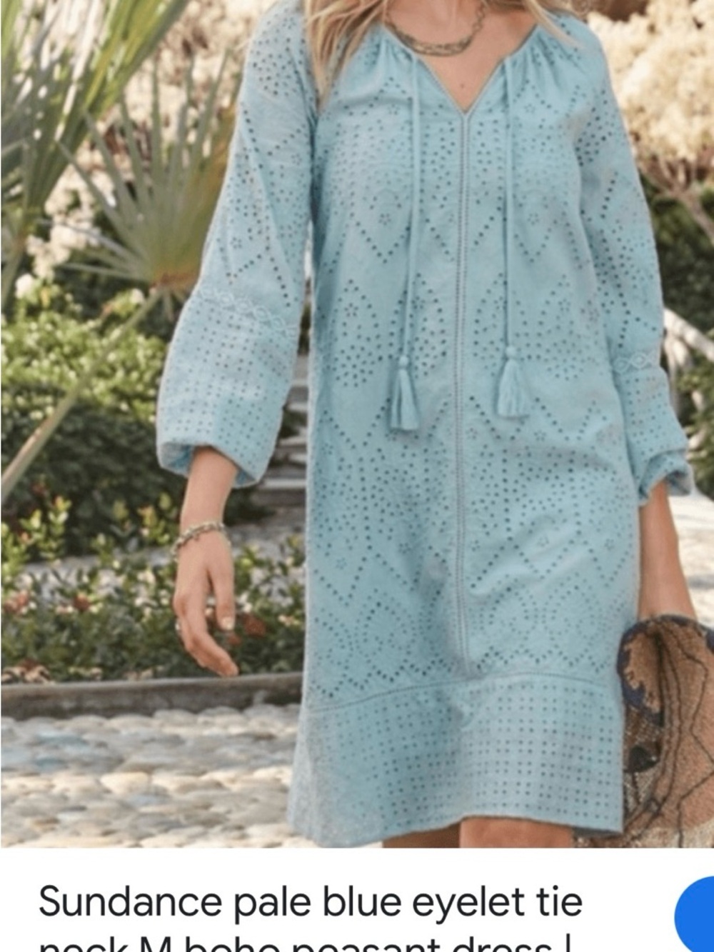 Sundance Pale Blue Eyelet Cotton Boho PeasantDress